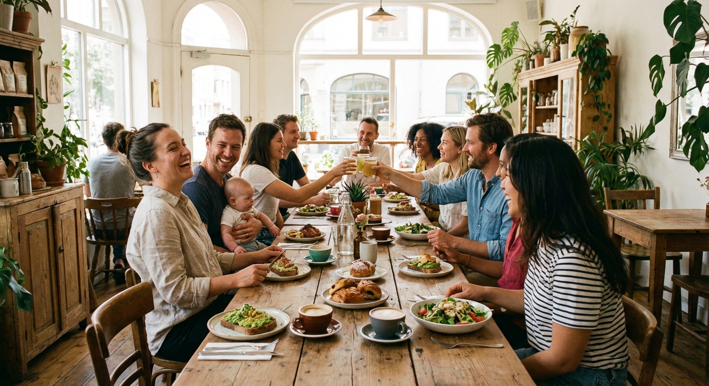 Customers enjoying meals at a communal table