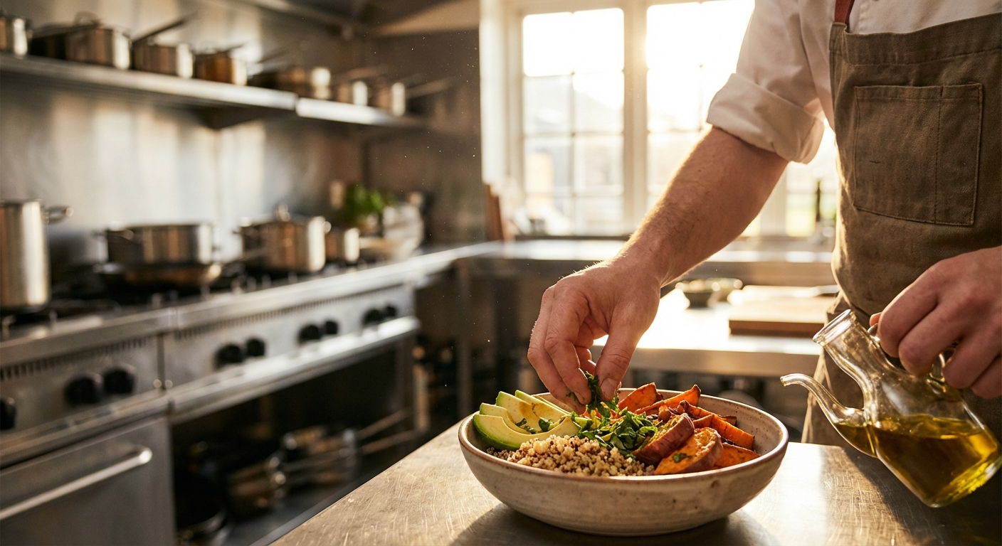 Chef preparing a grain bowl in the Birdy kitchen
