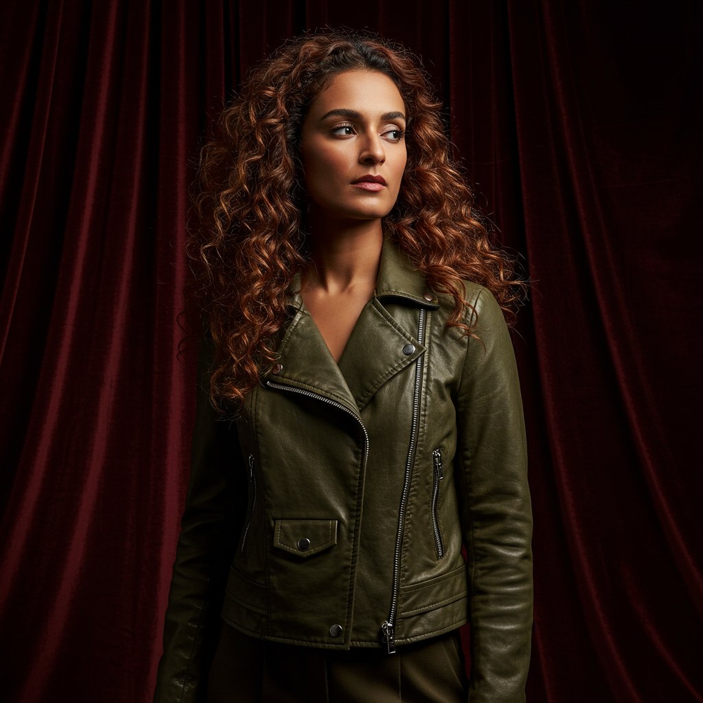 Leather Biker Jacket - Olive — close-up