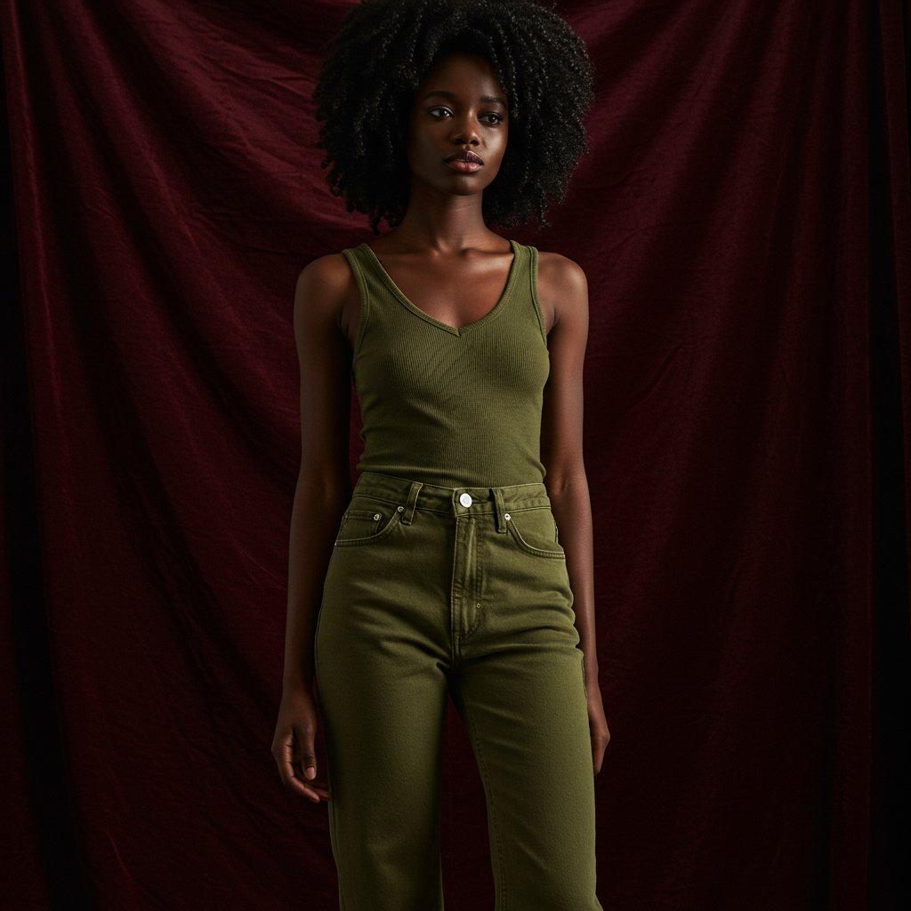 Denim Straight Jeans - Olive — close-up