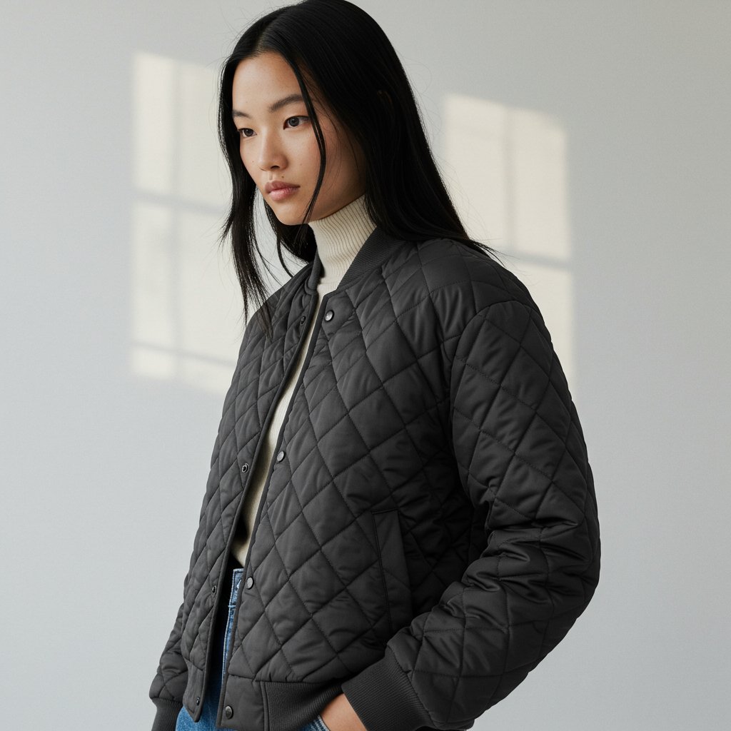 Quilted Bomber Jacket - Charcoal — close-up