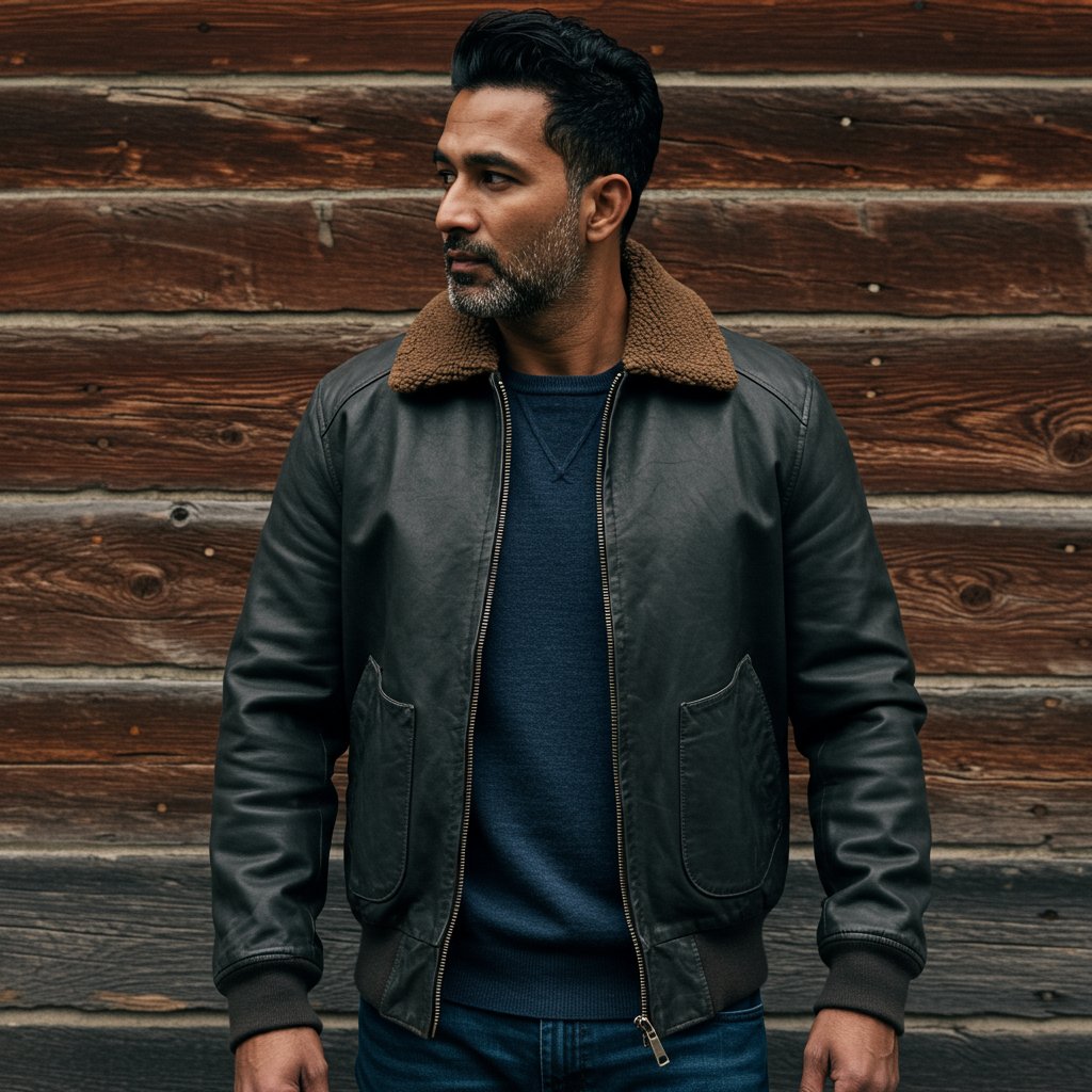 Leather Bomber Jacket - Ocean — close-up