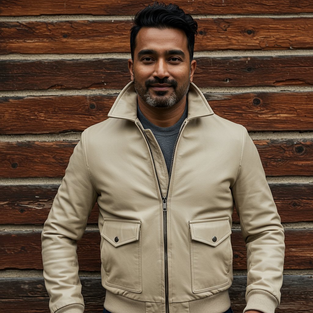 Leather Bomber Jacket - Cream — close-up