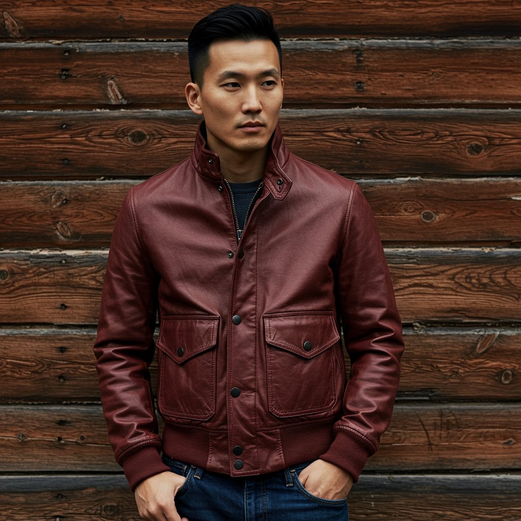 Leather Bomber Jacket - Ruby — close-up