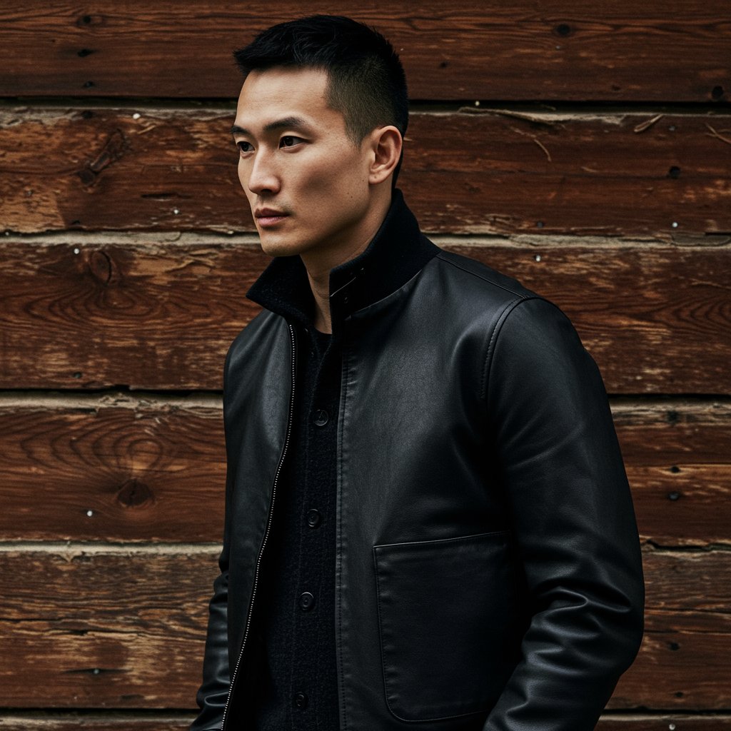 Minimalist Leather Bomber Jacket - Fall/Winter Layered — close-up